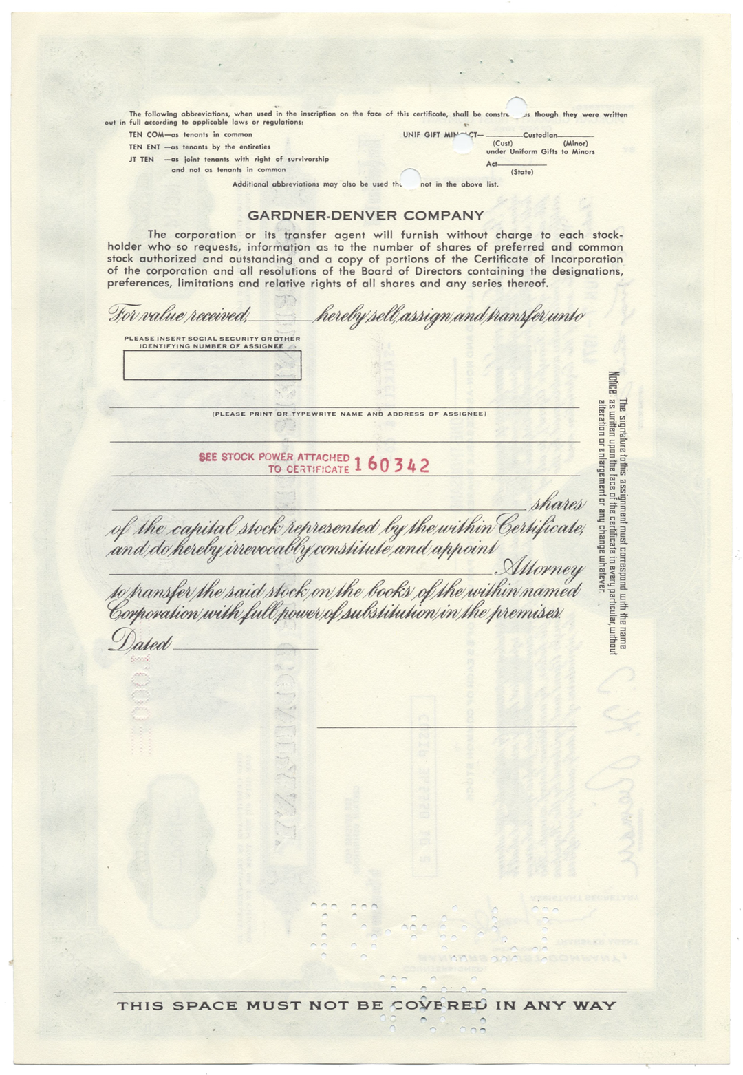 Gardner-Denver Company Stock Certificate