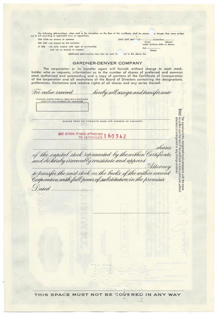 Gardner-Denver Company Stock Certificate