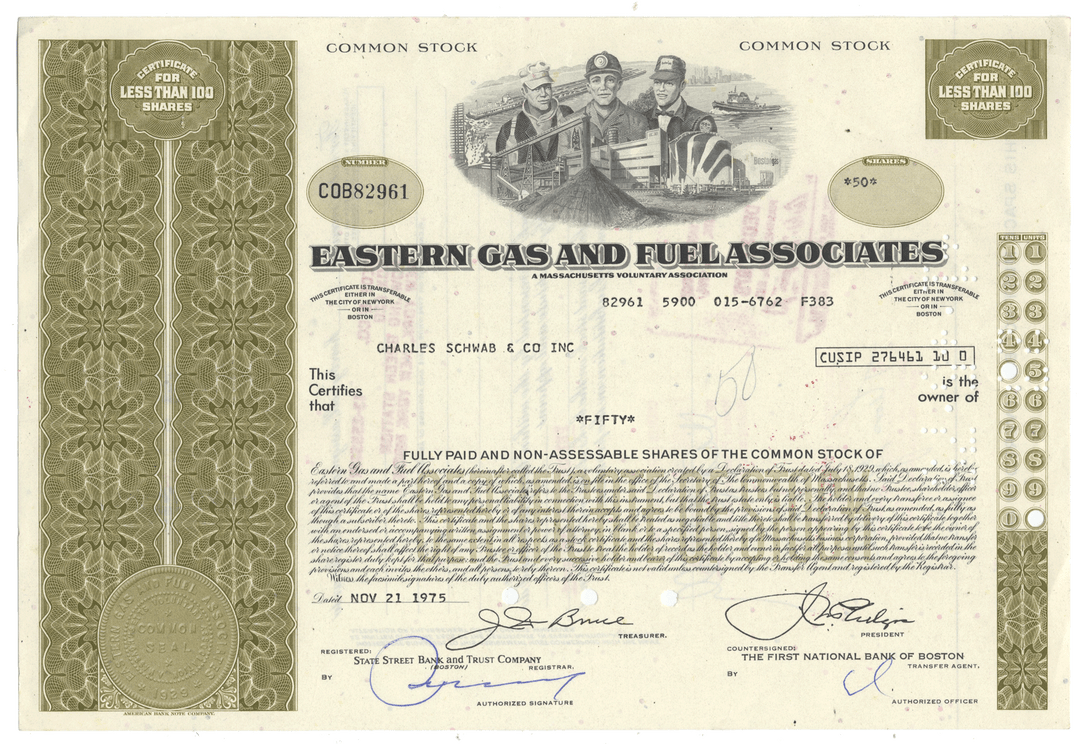 Stock certificate for Eastern Gas and Fuel Associates from 1975