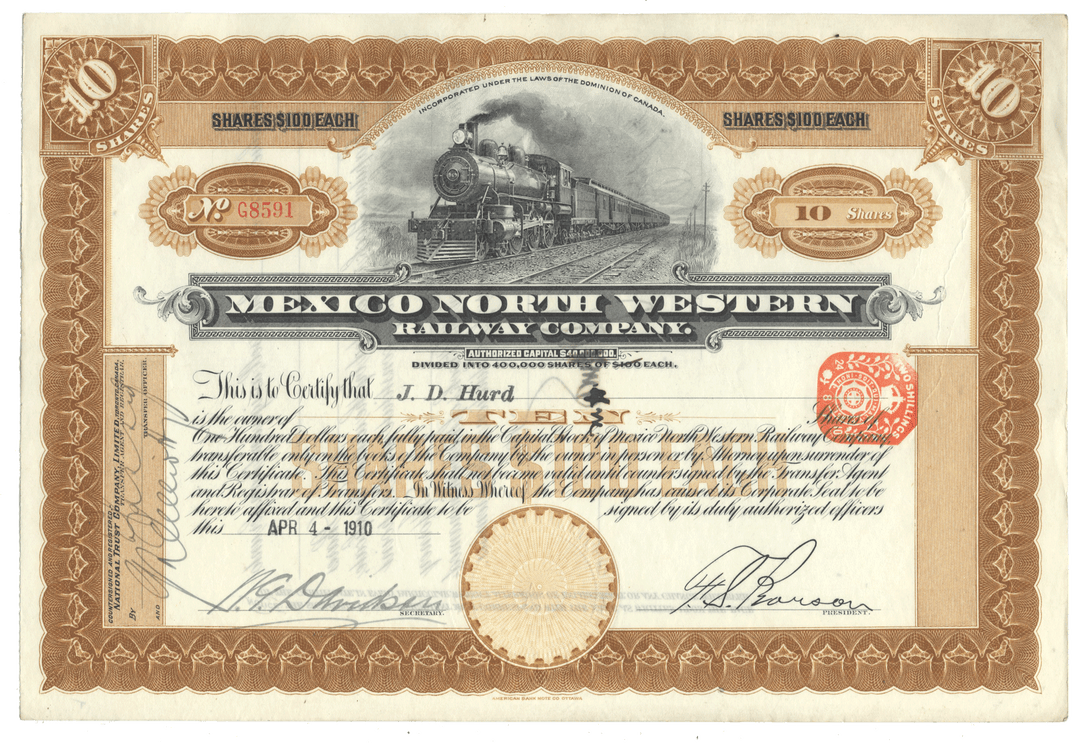 Vintage stock certificate for the Mexico North Western Railway Company, dated 1910