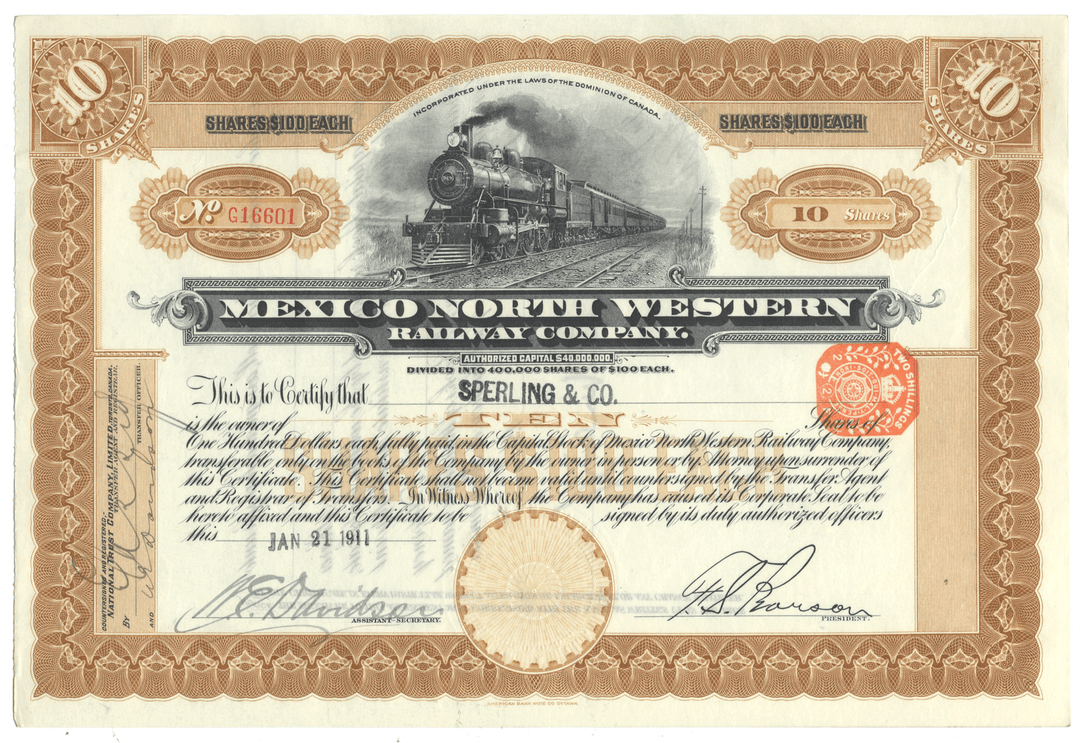 Vintage stock certificate of the Mexico North Western Railway Company with a steam locomotive illustration.