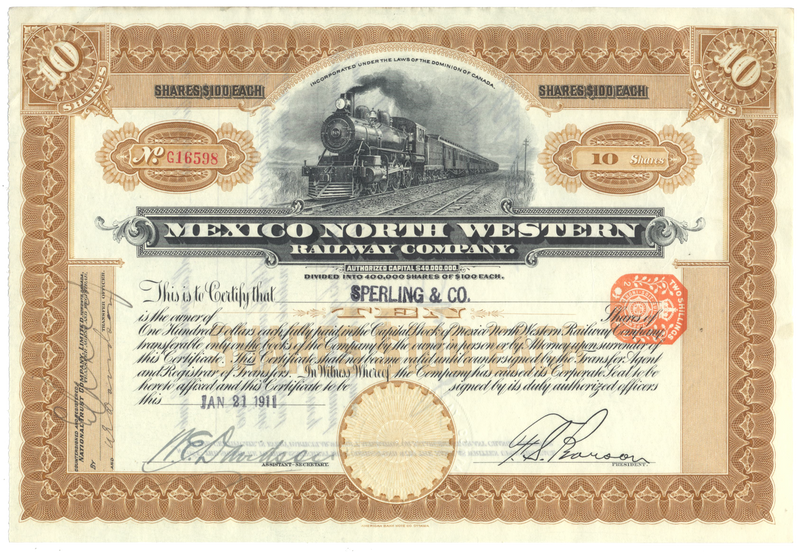 Mexico North Western Railway Company Stock Certificate