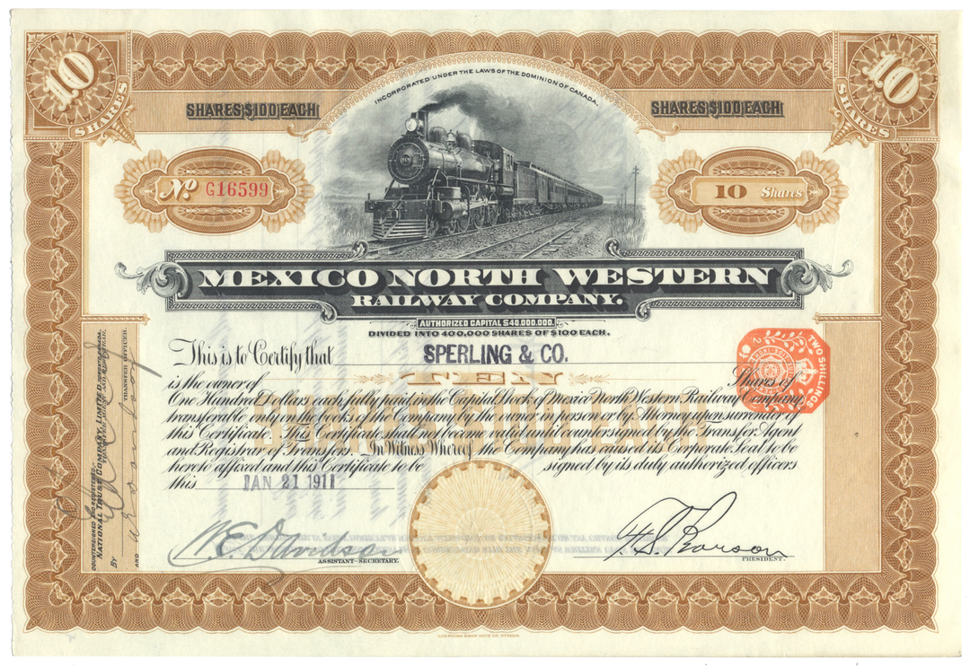 Mexico North Western Railway Company Stock Certificate