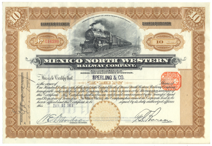 Mexico North Western Railway Company Stock Certificate