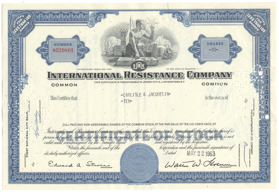 International Resistance Company Stock Certificate