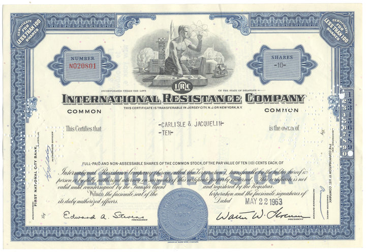 International Resistance Company Stock Certificate