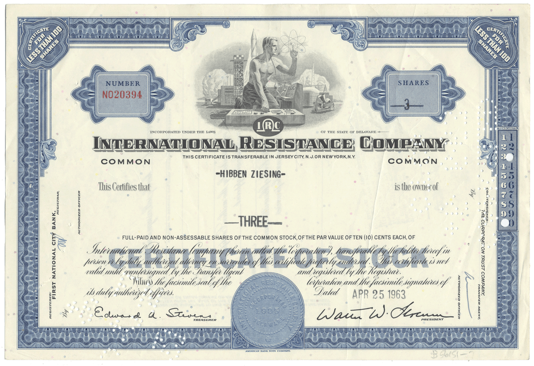 International Resistance Company Stock Certificate