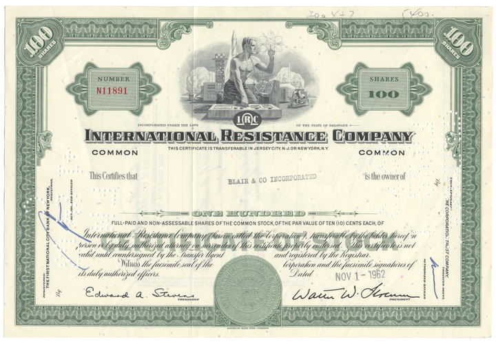 International Resistance Company Stock Certificate