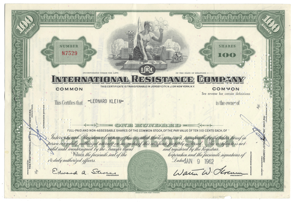 Stock certificate from the International Resistance Company with decorative elements and text.