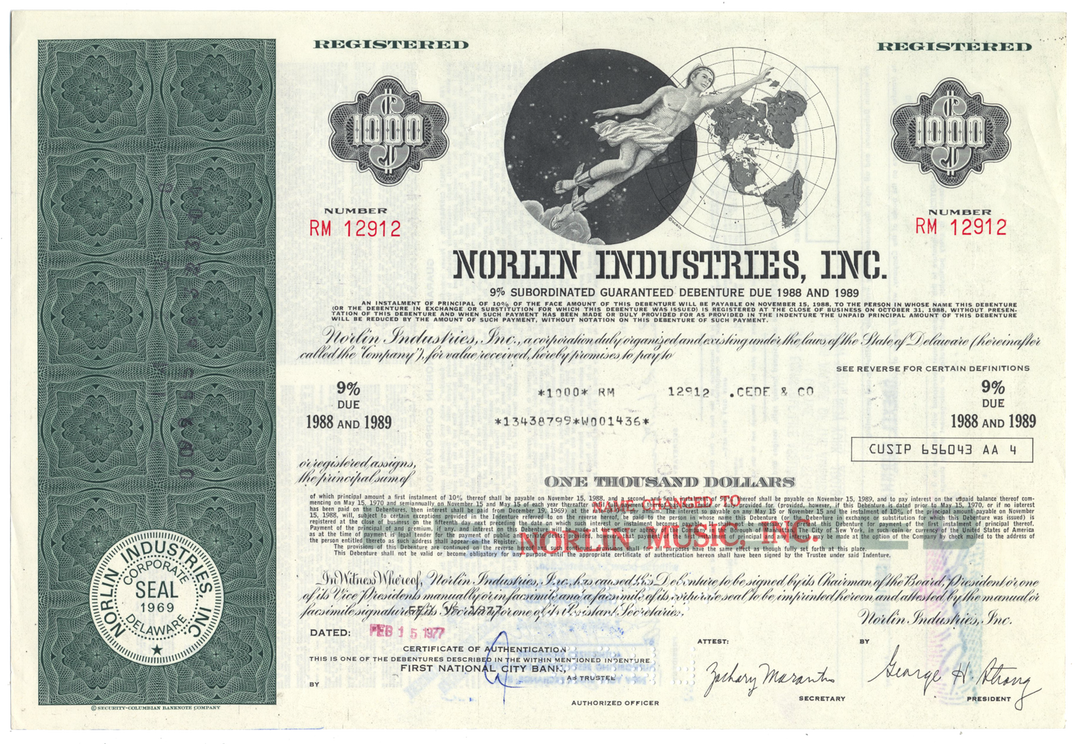 Norlin Industries, Inc. Bond Certificate