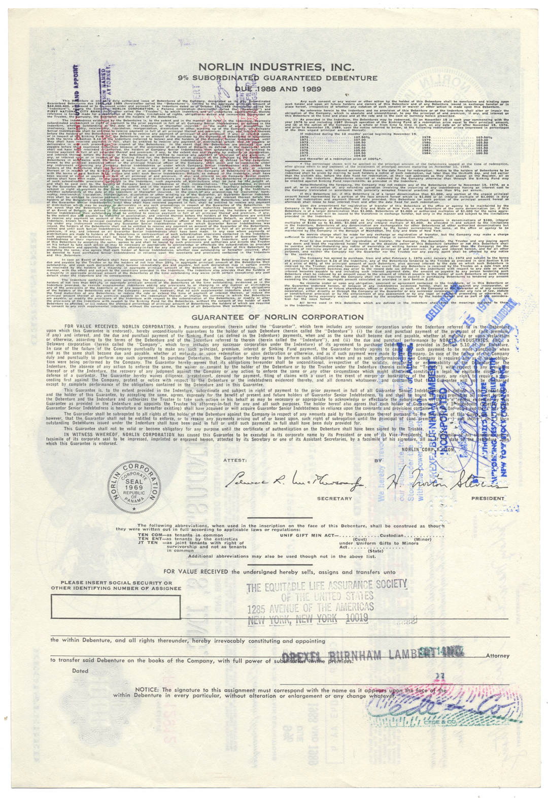 Norlin Industries, Inc. Bond Certificate