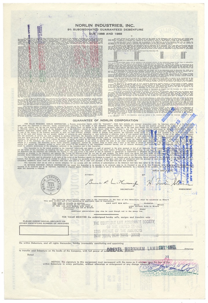 Norlin Industries, Inc. Bond Certificate