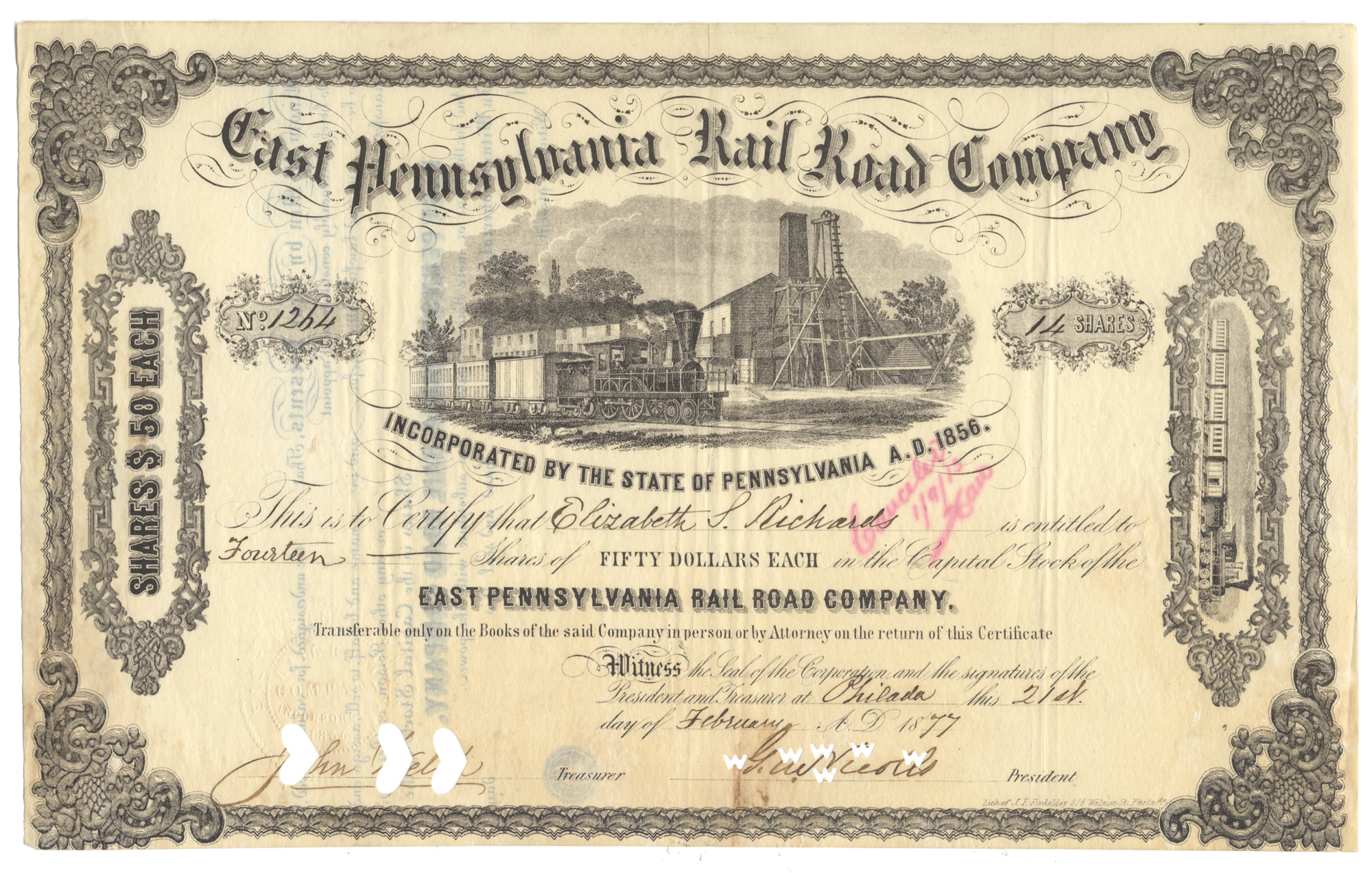 Historical stock certificate of the East Pennsylvania Rail Road Company