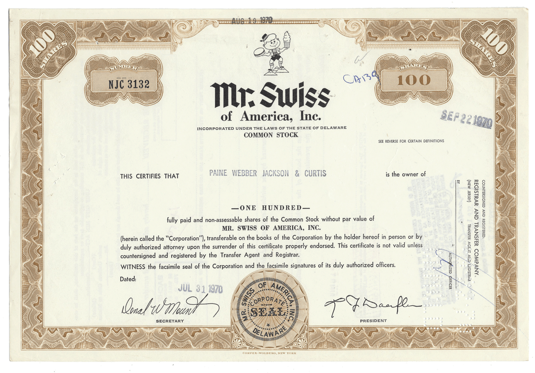Stock certificate from Mr. Swiss of America, Inc. with decorative elements and text from 1970