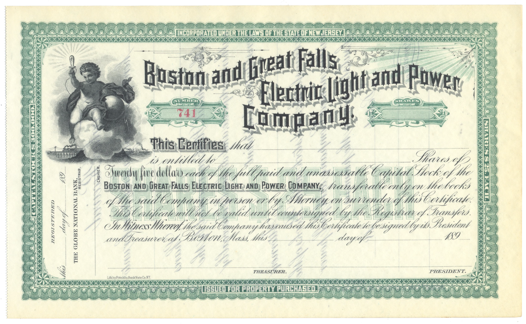 Boston and Great Falls Electric Light and Power Company Stock Certificate