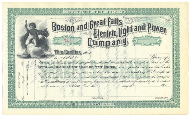 Boston and Great Falls Electric Light and Power Company Stock Certificate