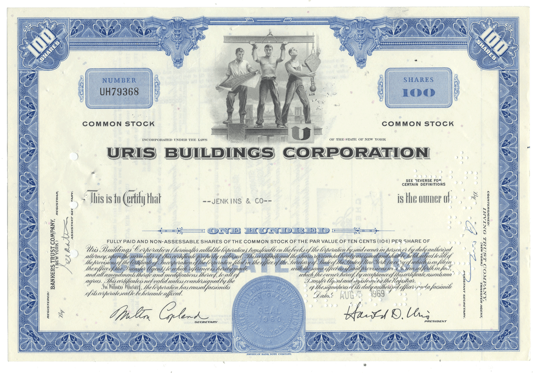 Vintage stock certificate for Uris Buildings Corporation, dated 1969