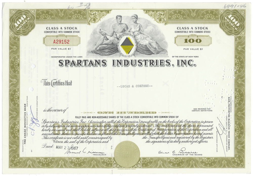 Spartans Industries, Inc. stock certificate with classical design elements.