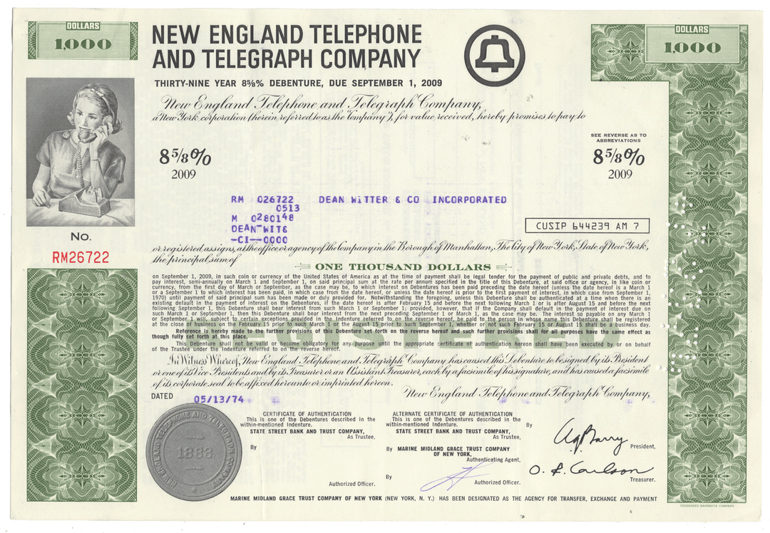 New England Telephone and Telegraph Company Bond Certificate dated 1974