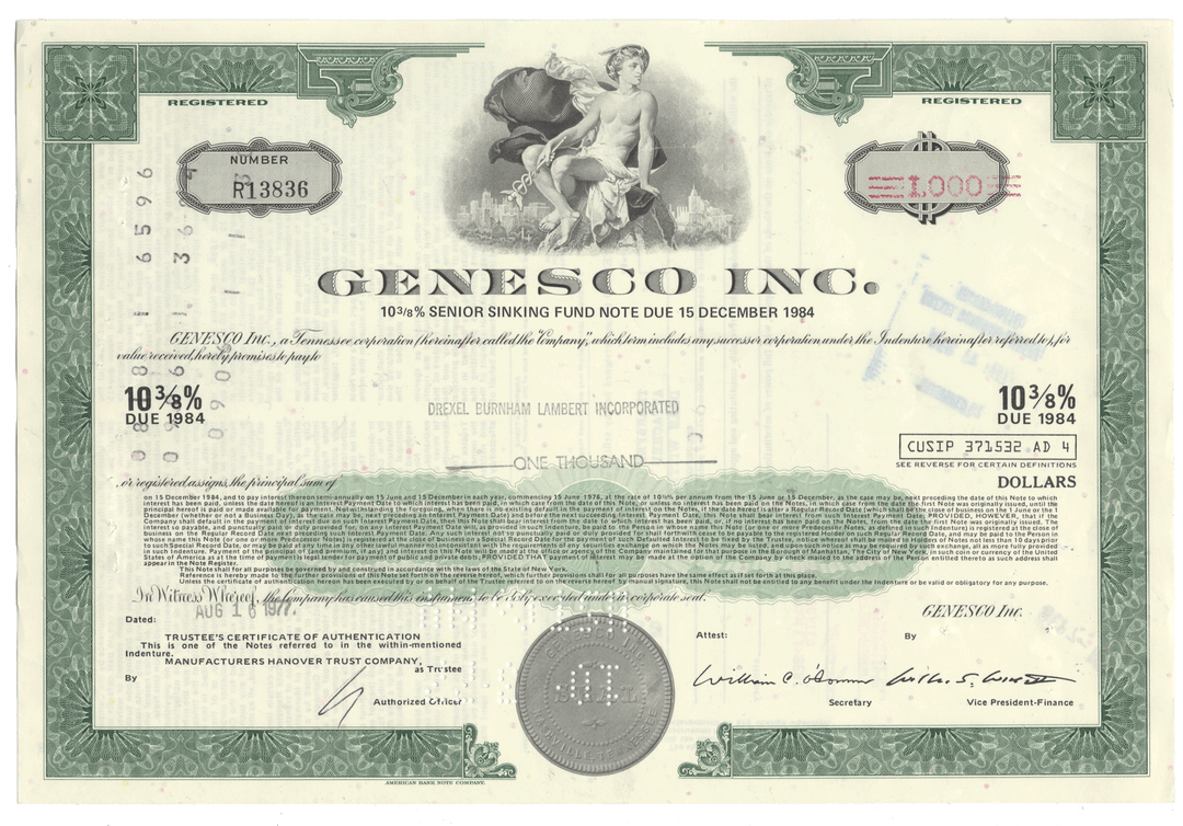 Vintage bond certificate for Genesco Inc. with decorative elements and text.