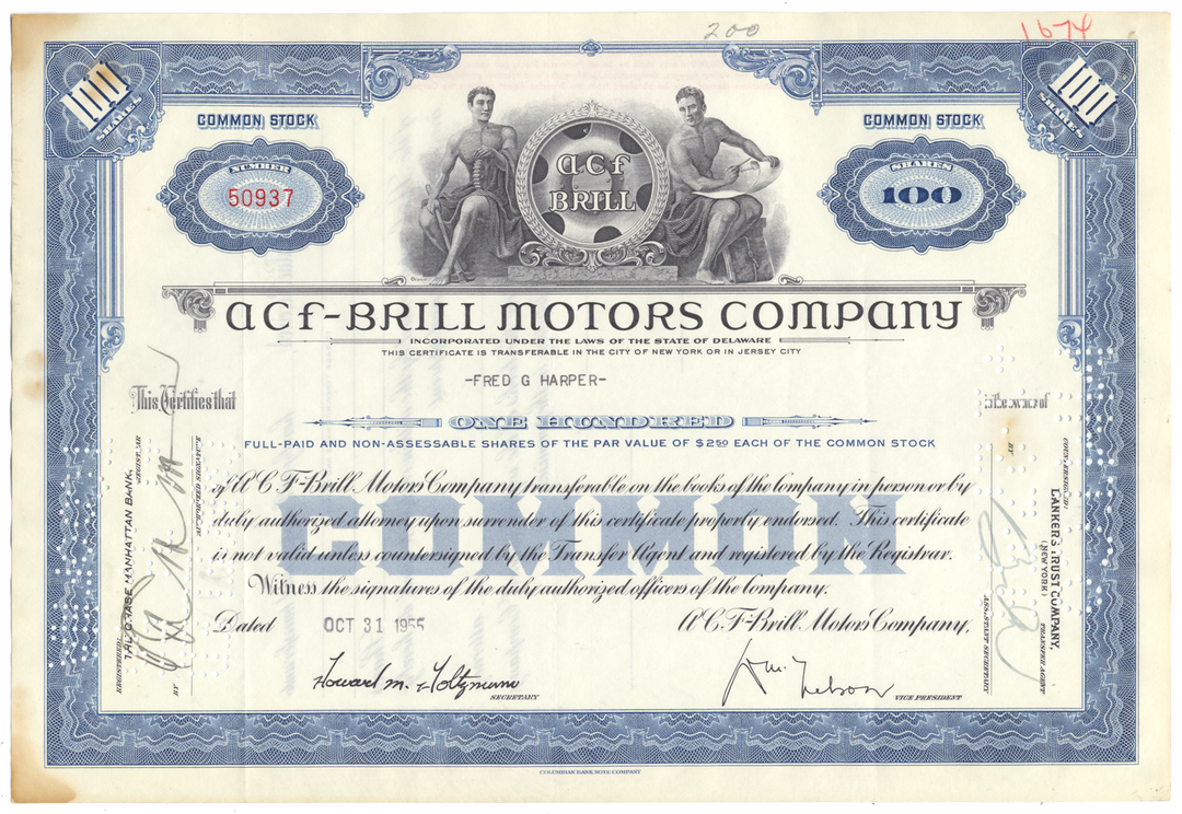 ACF-Brill Motors Company Stock Certificate