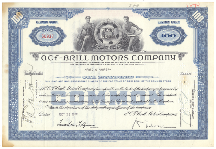 ACF-Brill Motors Company Stock Certificate