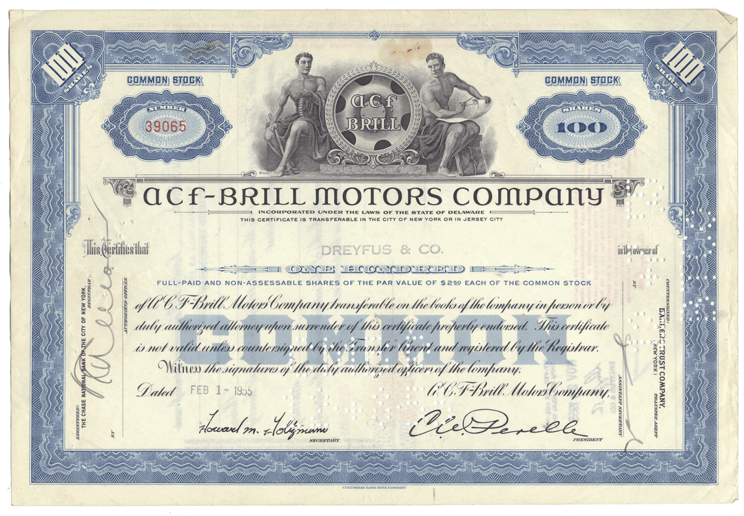 ACF-Brill Motors Company stock certificate with blue and black design