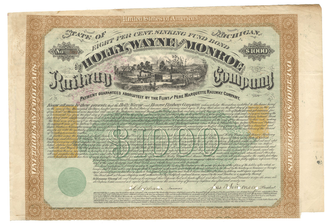 Vintage bond certificate for the Holly, Wayne and Monroe Railway Company from 1871