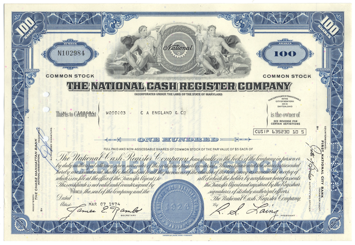 National Cash Register Company Stock Certificate