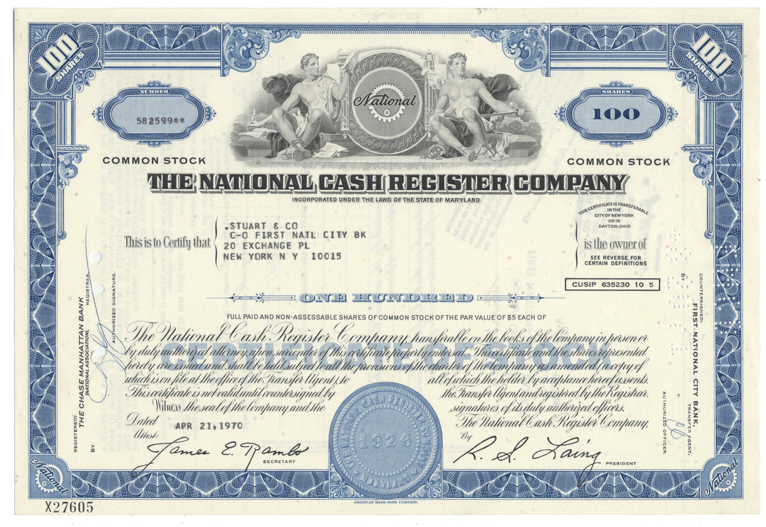 Vintage stock certificate of The National Cash Register Company with blue and white design.