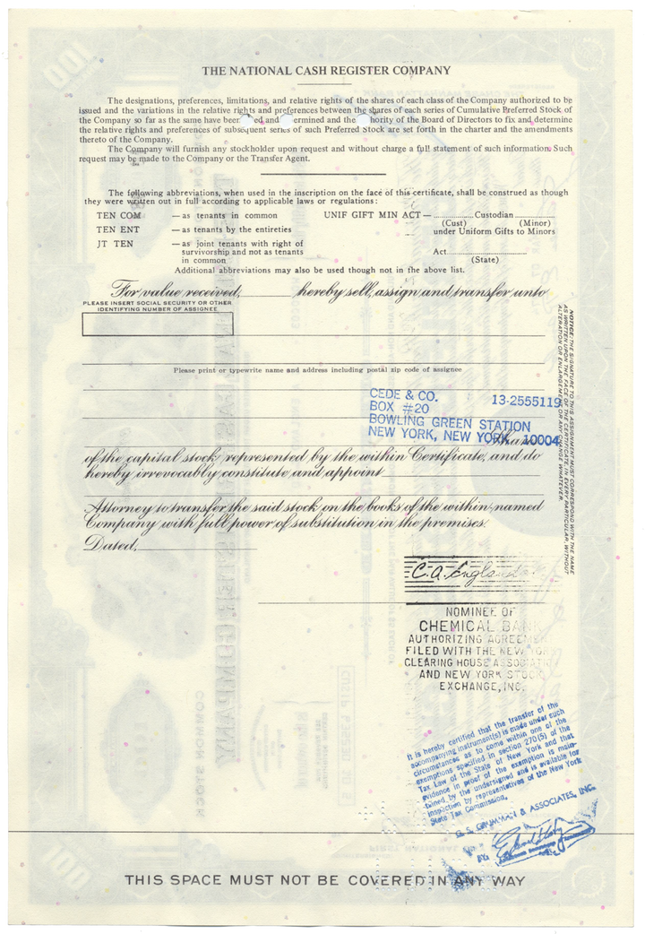 National Cash Register Company Stock Certificate