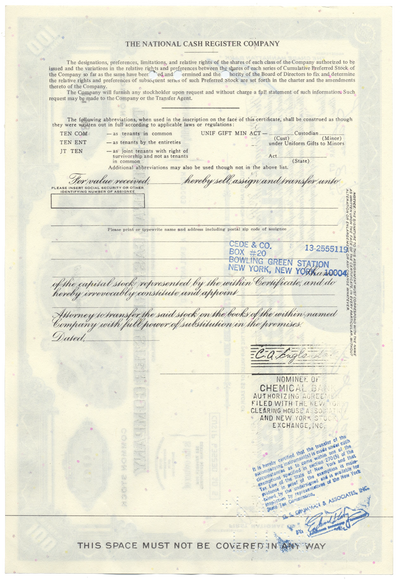 National Cash Register Company Stock Certificate
