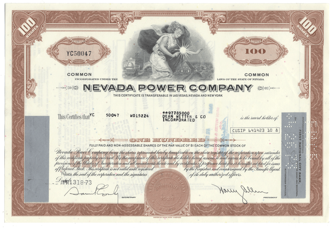 Nevada Power Company stock certificate with decorative elements and text.