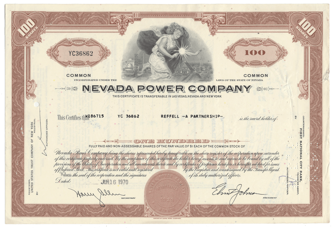 Nevada Power Company stock certificate from 1970