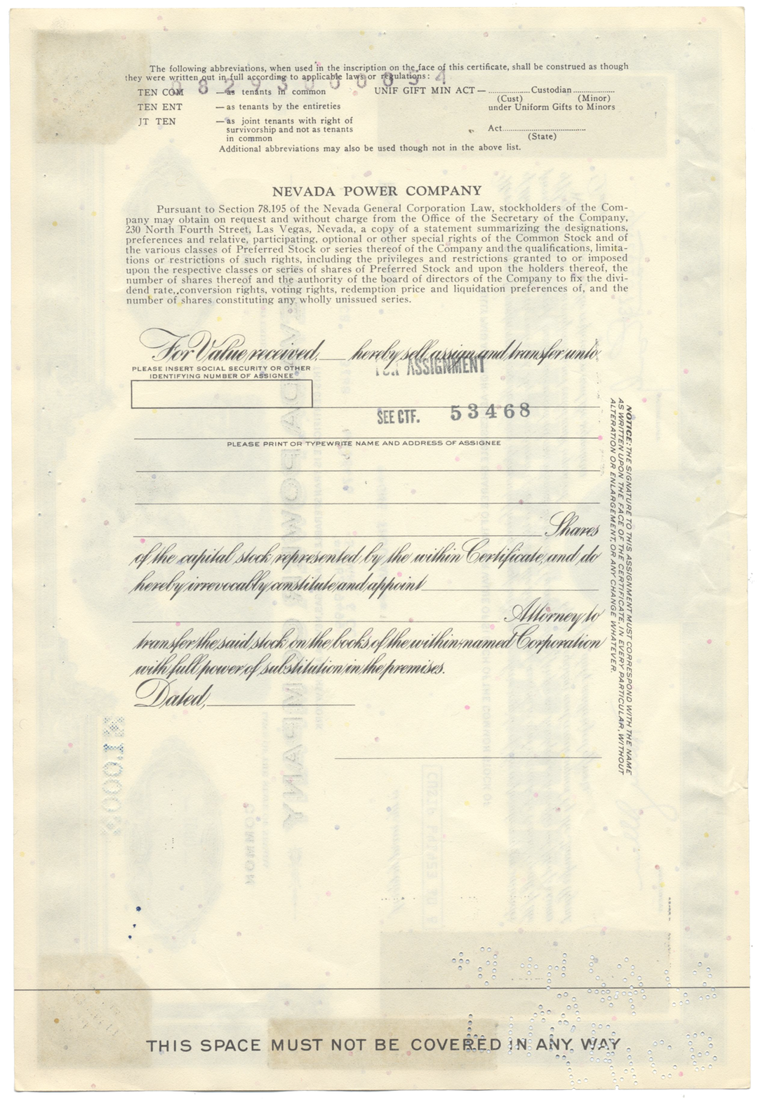 Nevada Power Company Stock Certificate