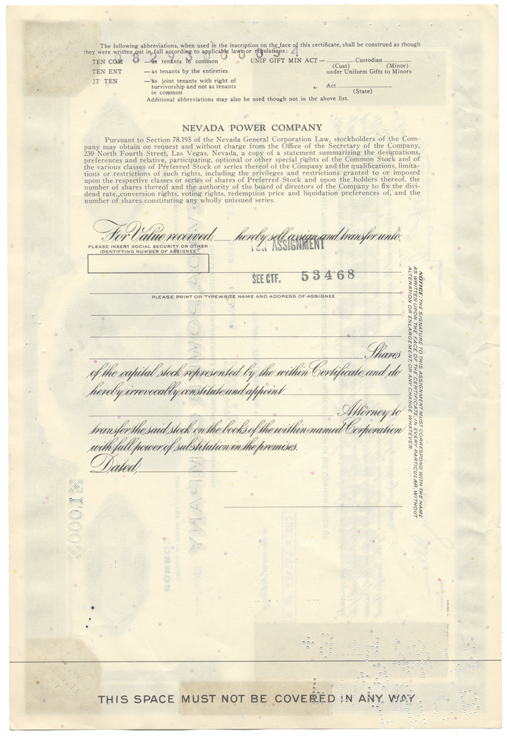 Nevada Power Company Stock Certificate