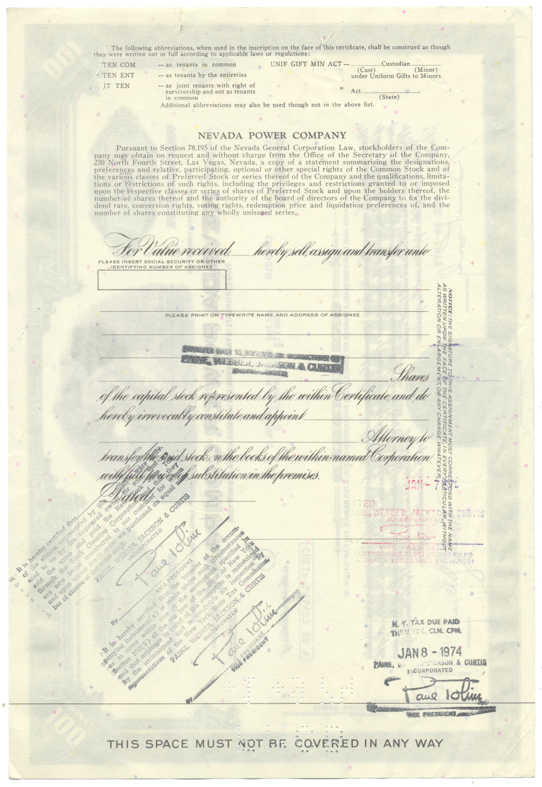 Nevada Power Company Stock Certificate