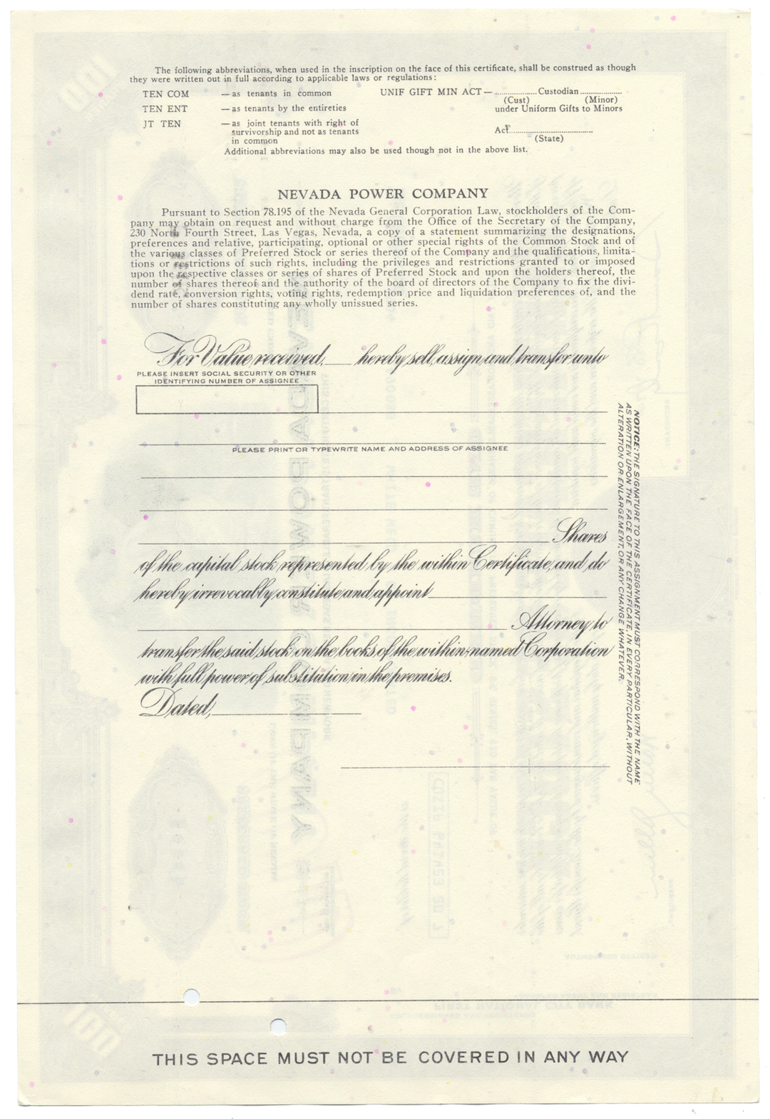 Nevada Power Company Stock Certificate