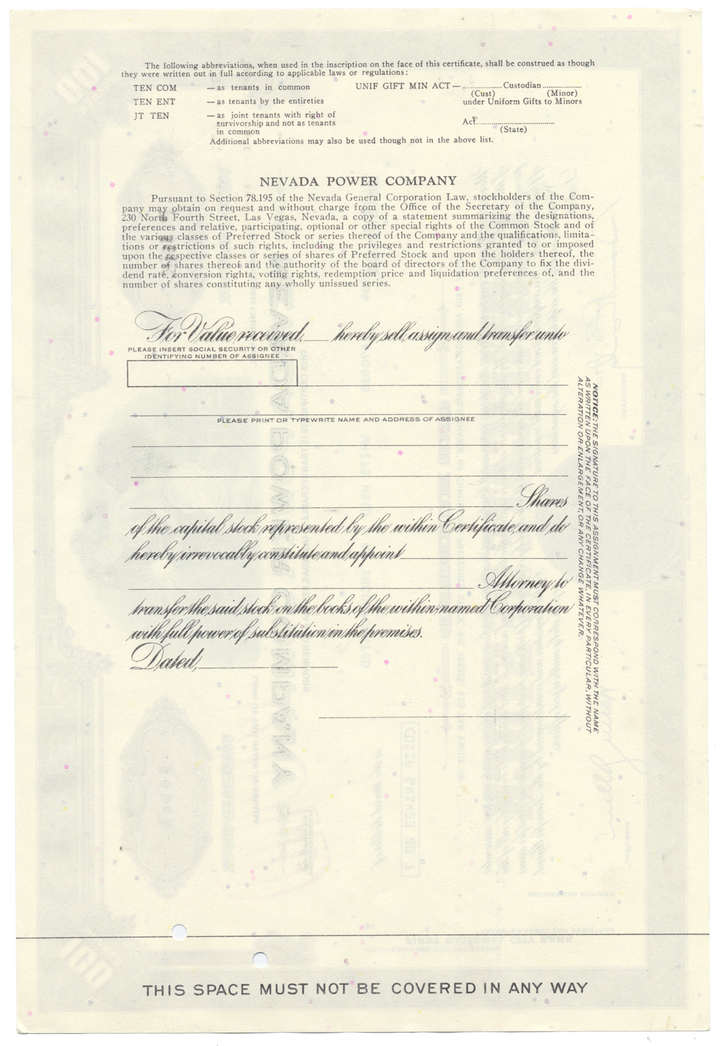 Nevada Power Company Stock Certificate