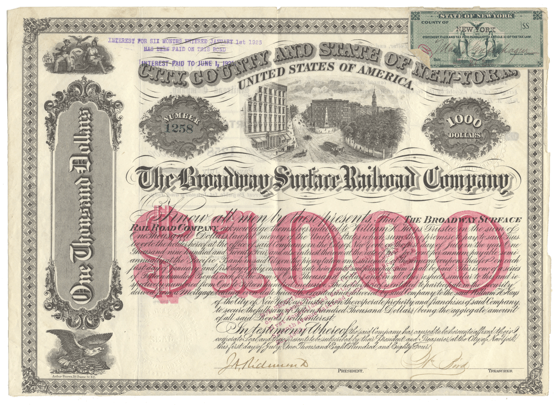 Vintage bond certificate of the Broadway Surface Railroad Company from 1884.