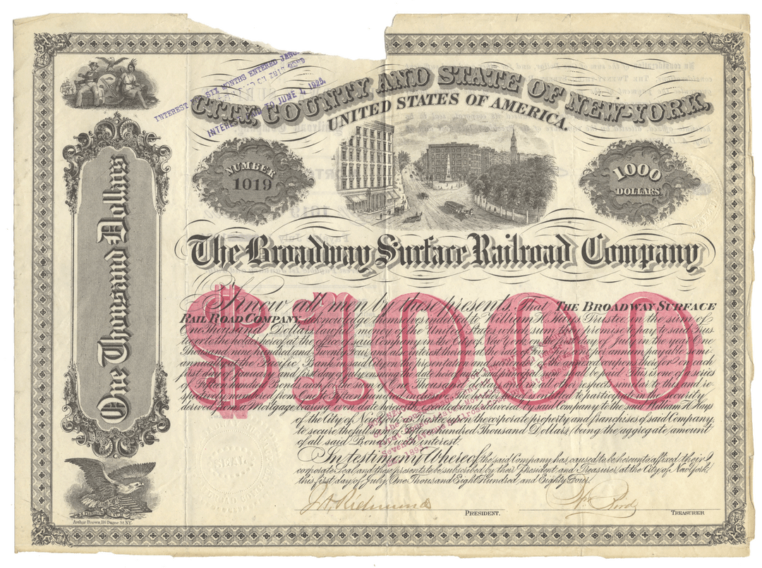 Vintage bond certificate of the Broadway Surface Railroad Company from 1884