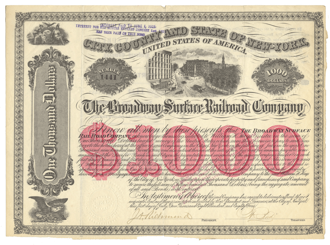 Broadway Surface Railroad Company
bond certificate from 1884
