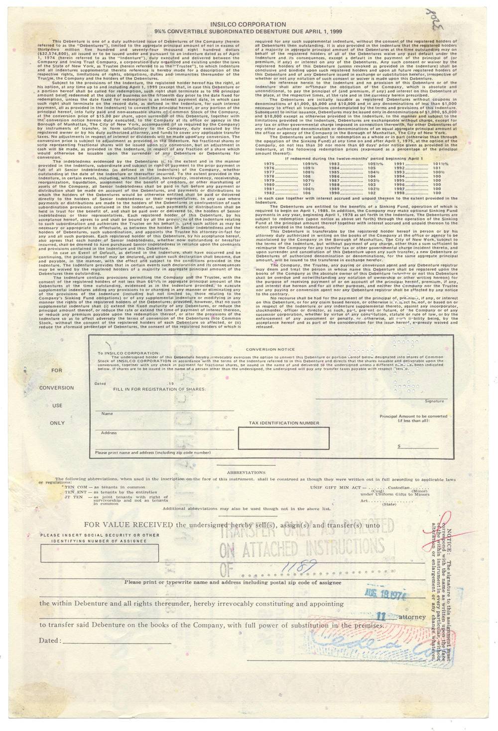 Insilco Corporation Bond Certificate