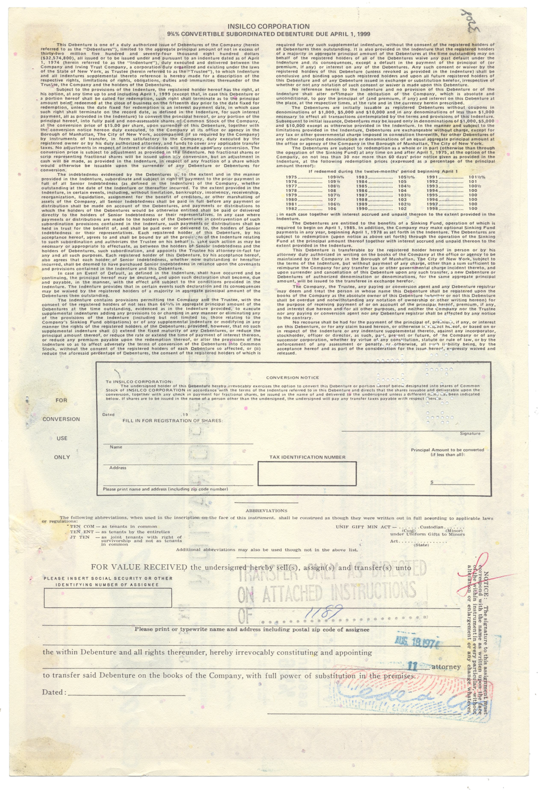 Insilco Corporation Bond Certificate