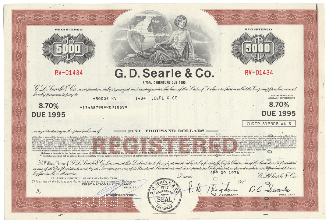 G.D. Searle & Co. bond certificate from 1976