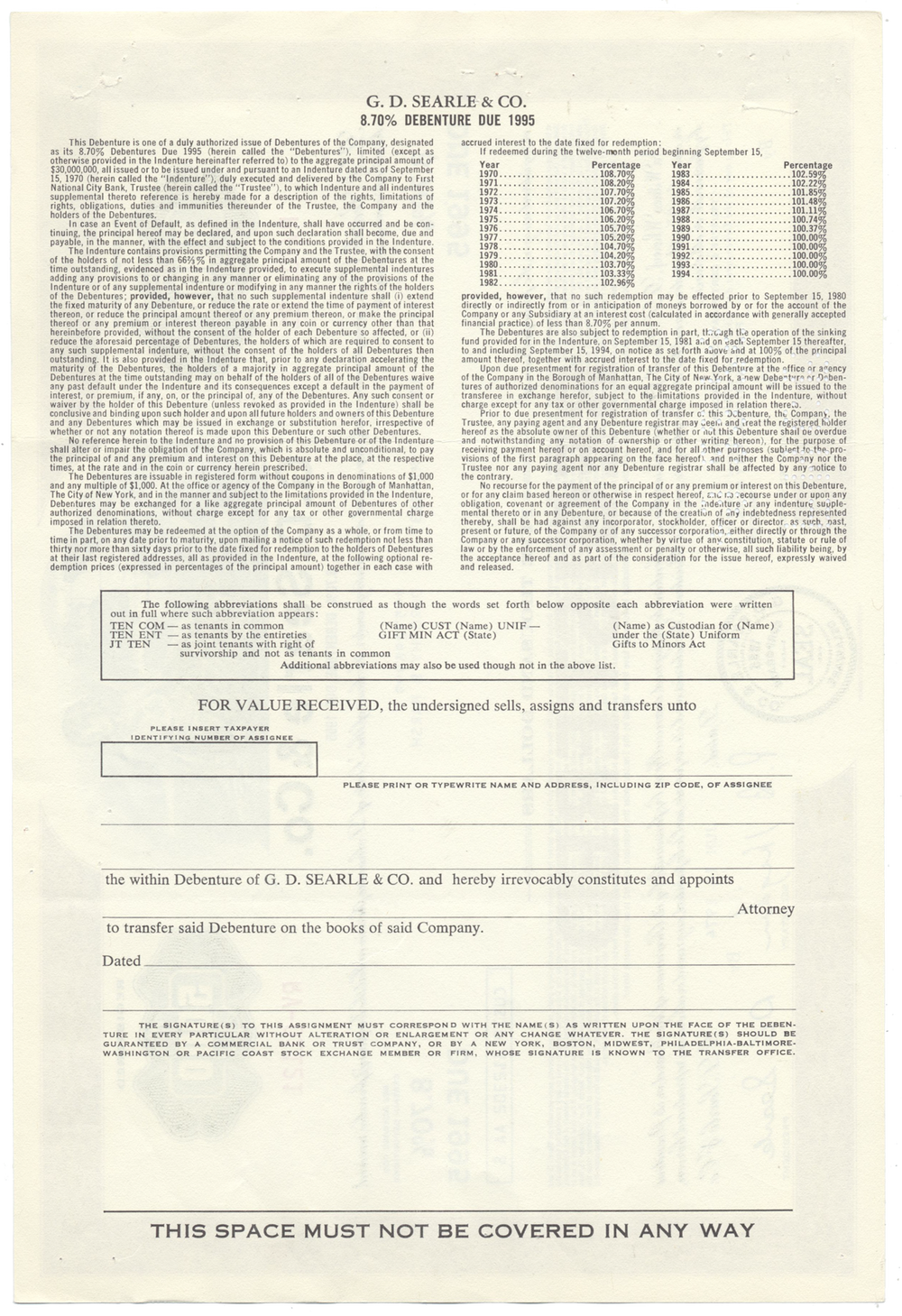 G. D. Searle & Co. Bond Certificate