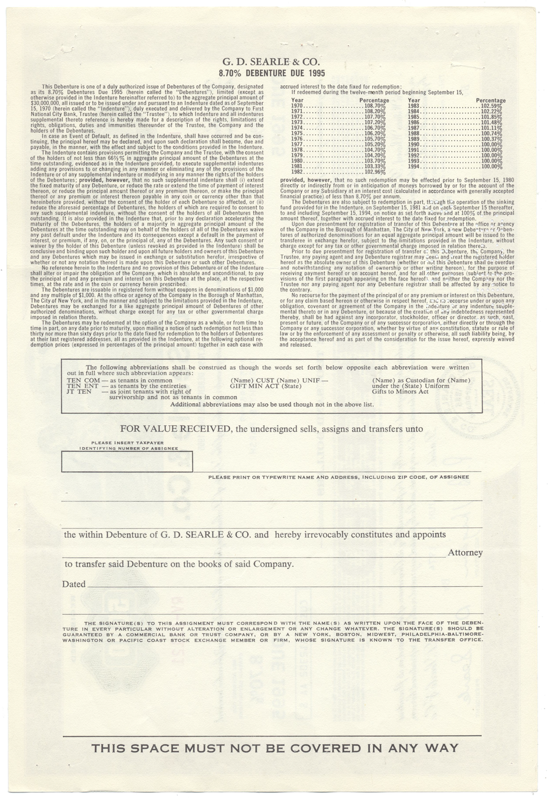 G. D. Searle & Co. Bond Certificate