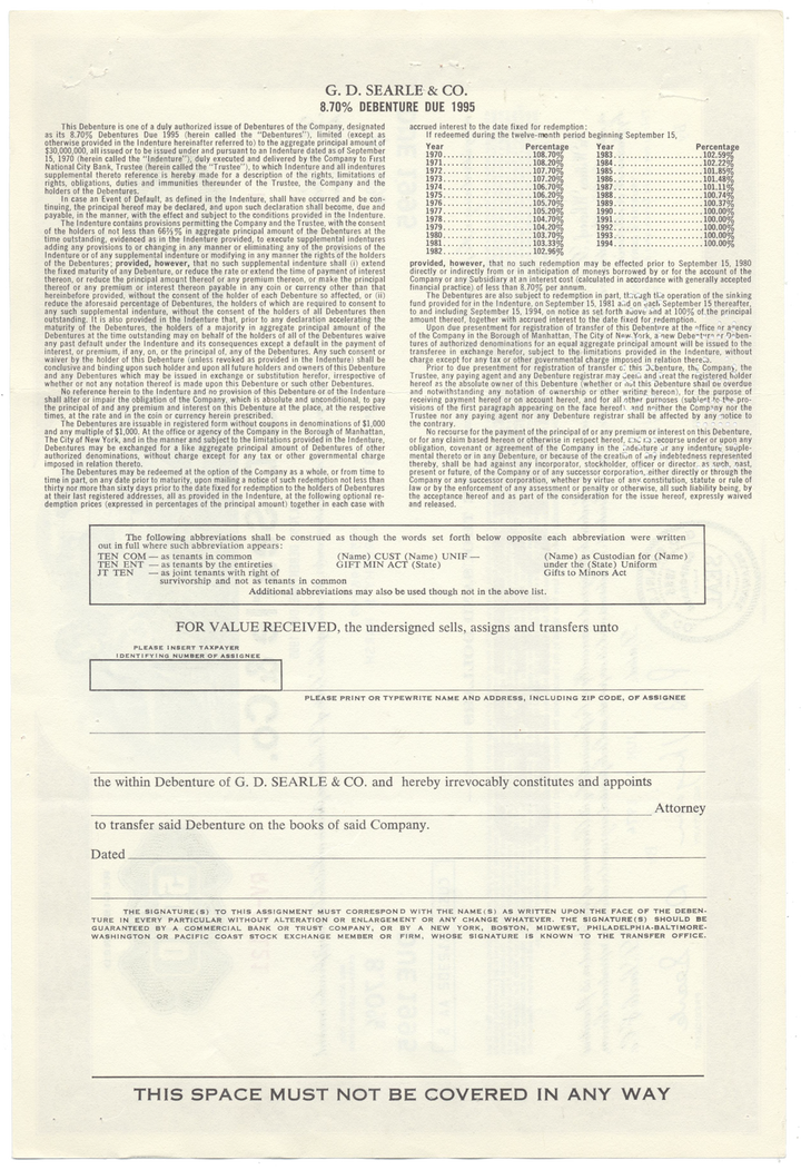 G. D. Searle & Co. Bond Certificate