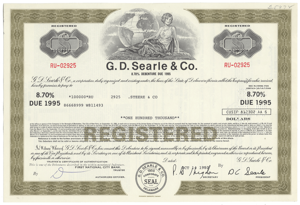 G.D. Searle & Co. bond certificate with a woman holding a globe.