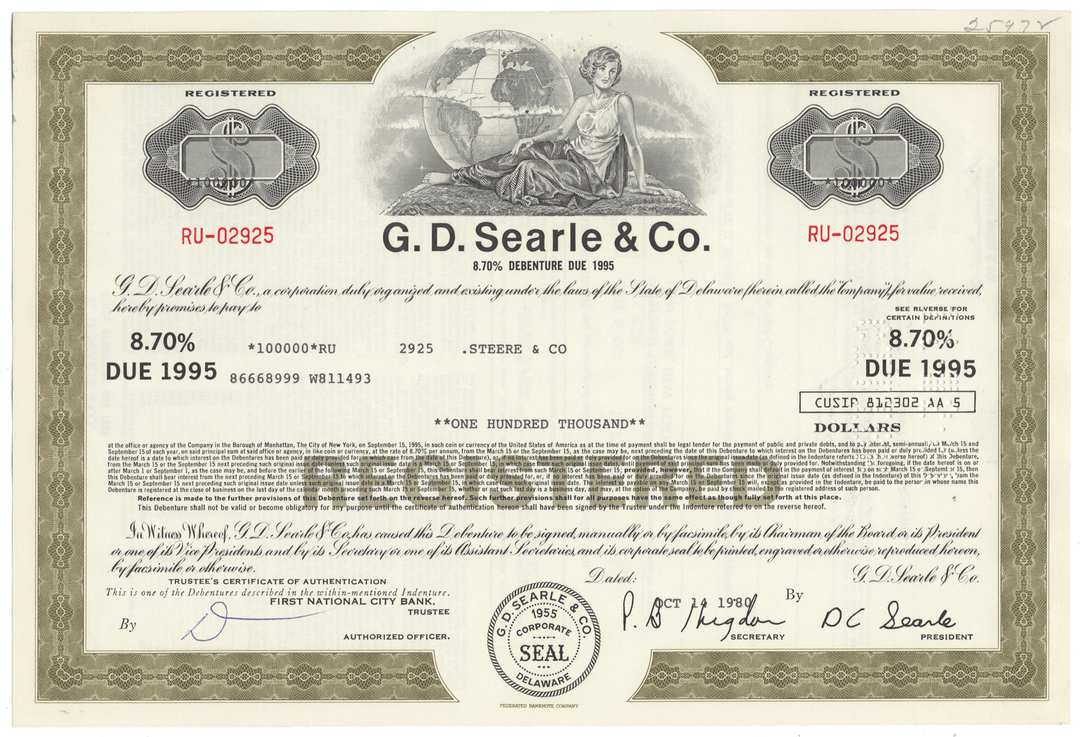 G.D. Searle & Co. bond certificate with a woman holding a globe.